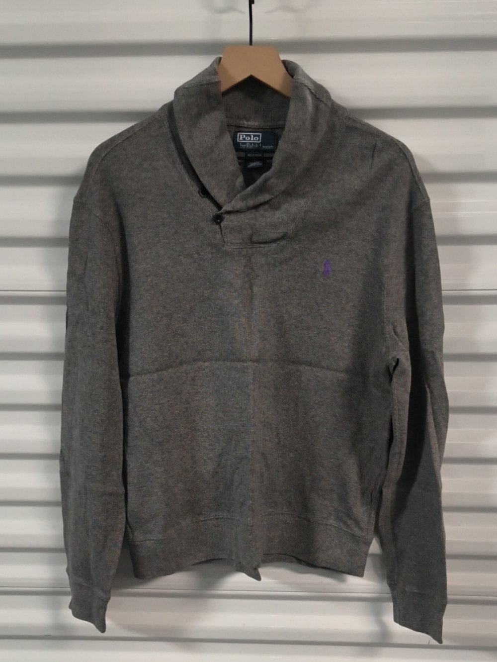 Vtg Polo Ralph Lauren Shawl Neck Gray Pullover Sweater Purple Pony Men's L